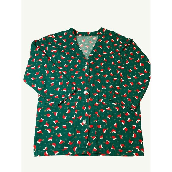 Christmas Themed Green Button-Up Scrub Jacket With Santa Hat Print Homemade - Picture 1 of 10